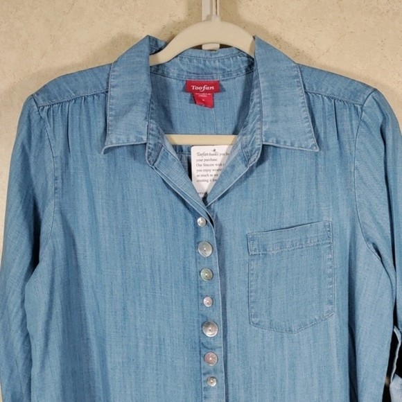 01549 Toofan blue chambray button front tabbed sleeve shirt M NWT - Picture 2 of 12
